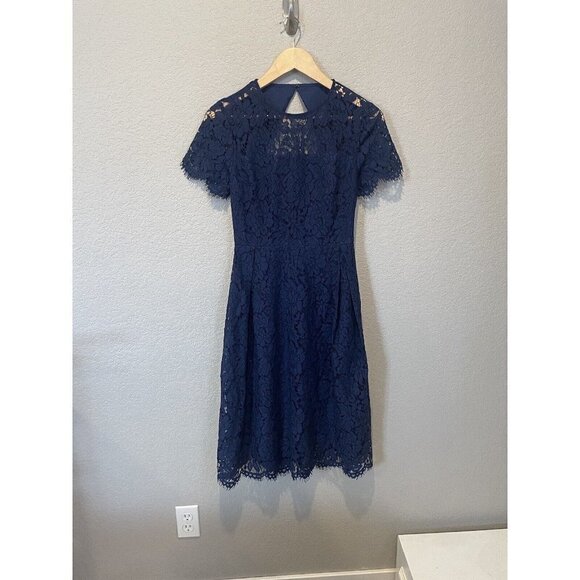 TRUTH & FABLE Women XSmall Lace Dress  Bridesmaid Midi Blue Modest Church Social - Picture 2 of 14